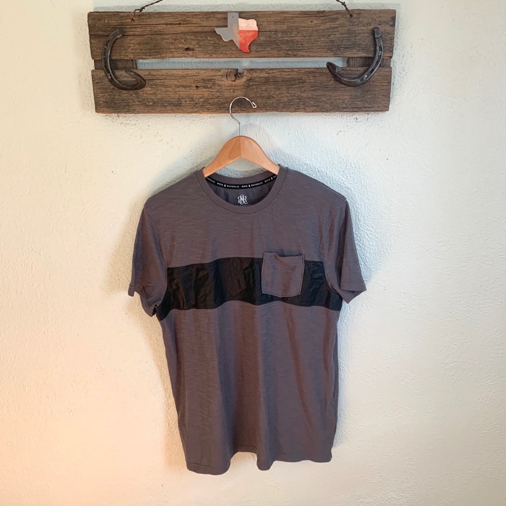 Rock & Republic Gray pocket T-shirt faux leather bold stripe